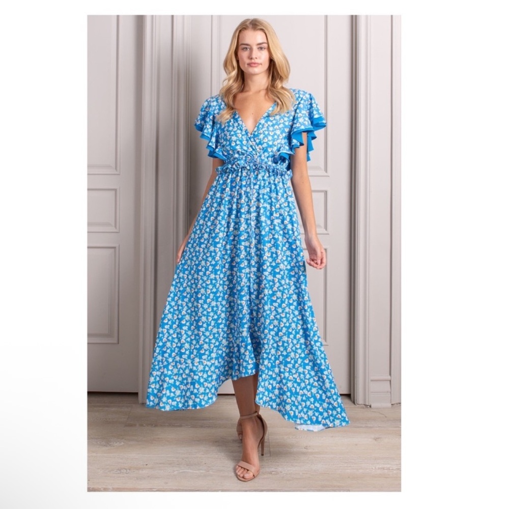 New! SENLIS Amalie Blue Floral Ruffle Midi Dress with Open Back - Picture 2 of 13